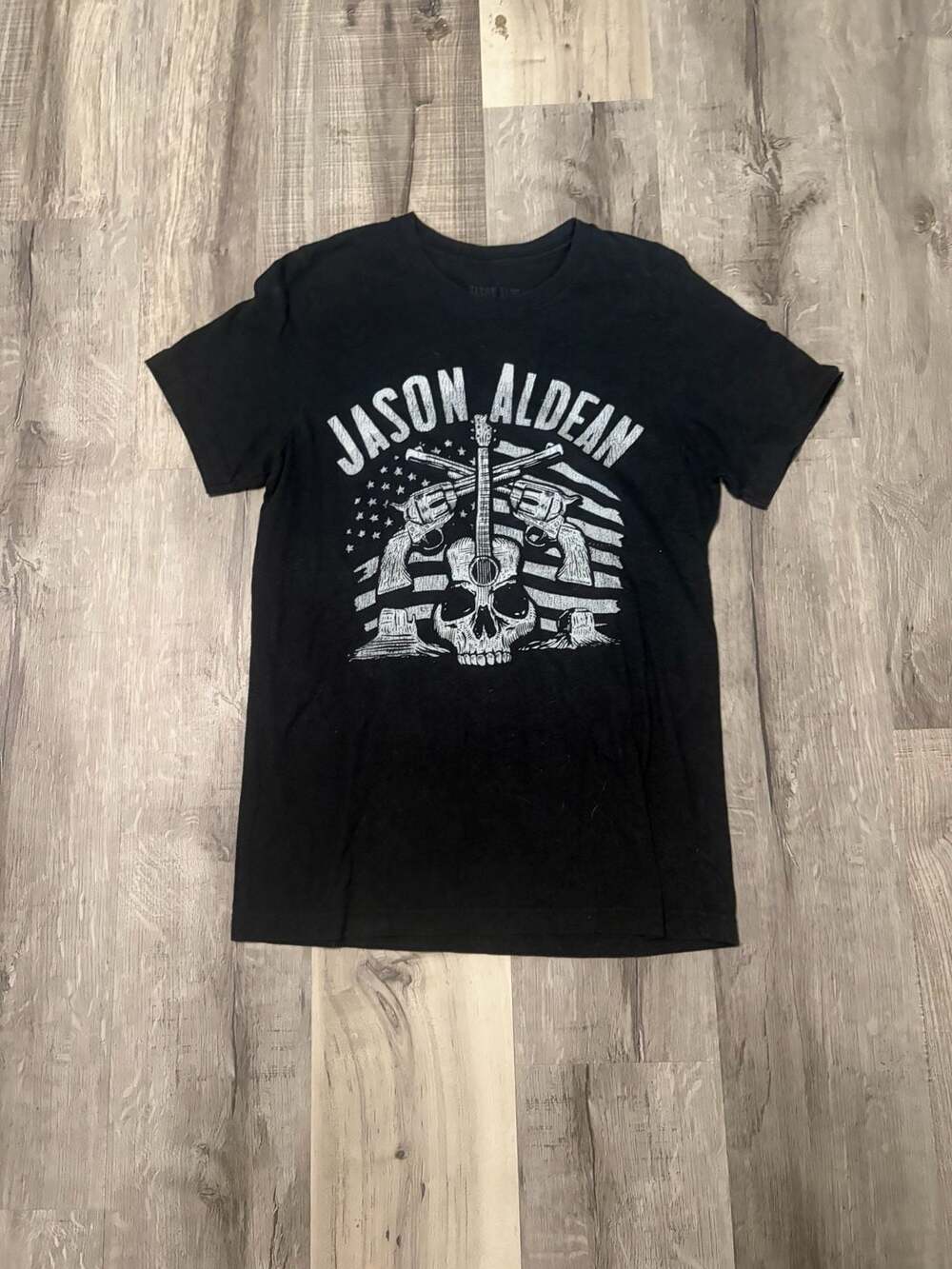 Jason Aldean American Flag Skull and Guitar Graphic Black T-Shirt
